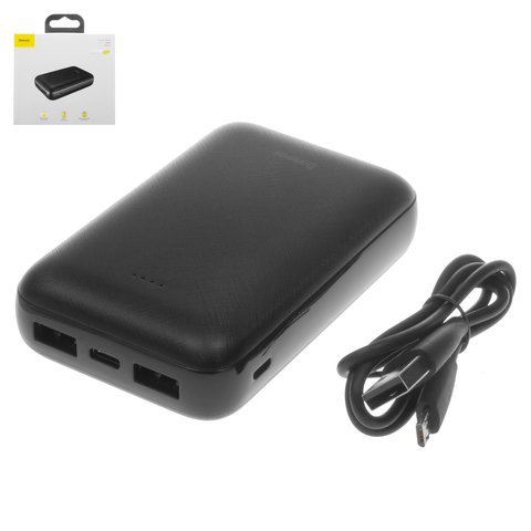 Power bank Baseus X10, 10000 мАч, USB тип C вход 5В 2,1А, micro USB тип B вход 5В 2,1А, 2 USB выход 5В 1А 2,1А, 92*61*22 мм, черный, #PPJAN A01