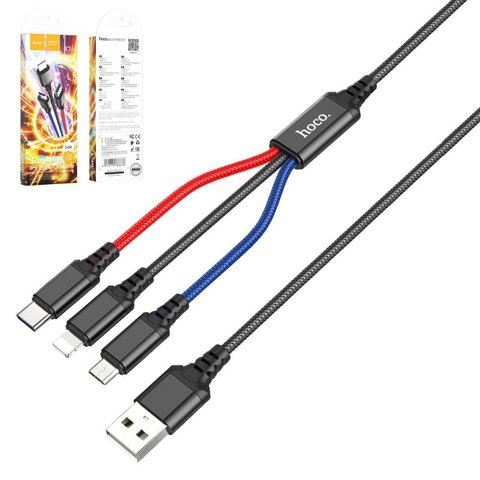 USB кабель Hoco X76, USB тип C, USB тип A, micro USB тип B, Lightning, 100 см, 2 A, чорний, червоний, синій, #6931474768636