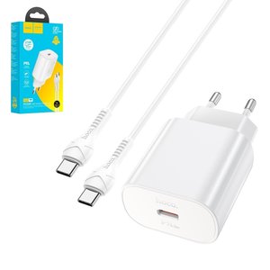 Мережевий зарядний пристрій Hoco N22, 25 Вт, Power Delivery PD , білий, з кабелем USB тип C до USB тип C, 1 порт, #6931474760081